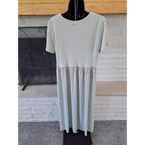 Vtg Casual Corner Green Ribbed Floral Button-Down Maxi Dress Short Sleeve Pocket - Picture 6 of 12